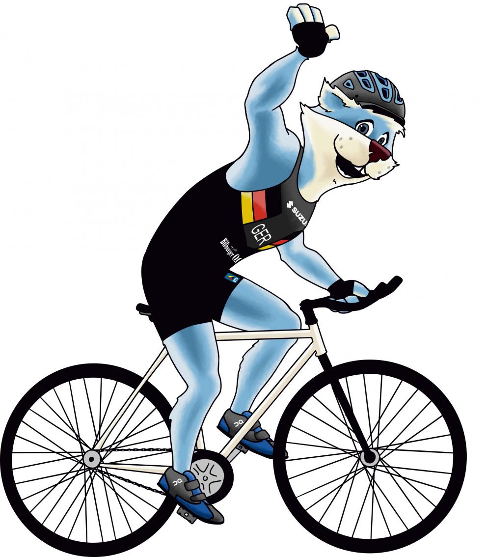 Triathlon Maskottchen fährt Rad